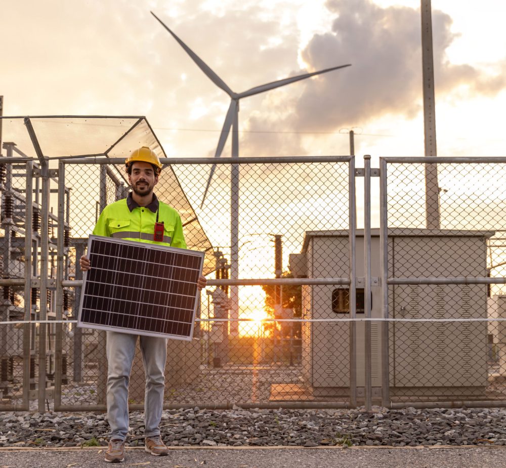 Professional Man Energy Engineer Holding the Solar Panel. Altern Professional Man Energy Engineer Holding the Solar Panel. Alternative energy engineers hold solar panels samples while learning design